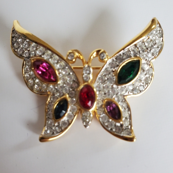 Vtg WEEKENDERS Signed Butterfly Brooch Rhinestones Gold Tone Jeweltone Stones - Picture 5 of 5